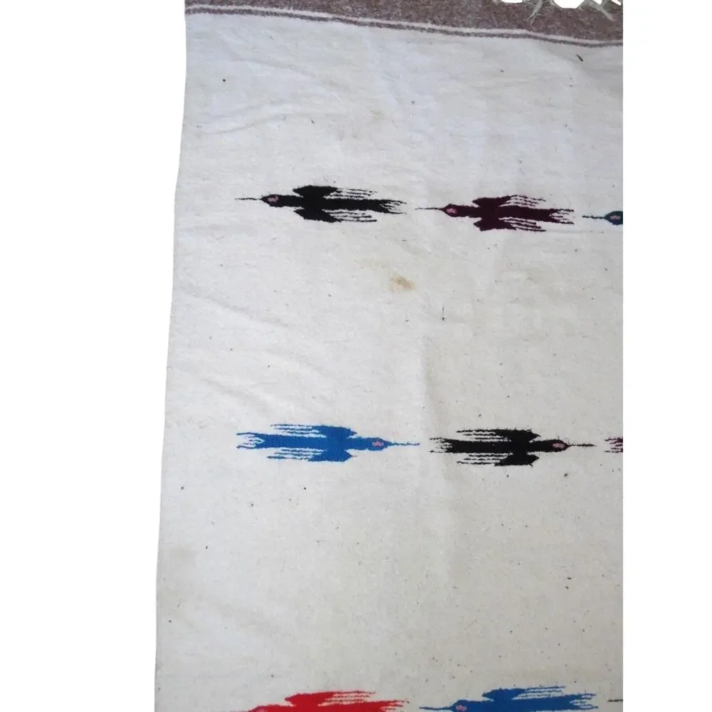 Wool Bird Design White multicolor Blanket 86x60 Mexican? Chimayo? Vintage